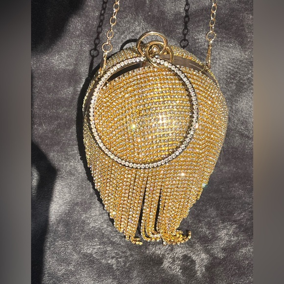Handbags - Rhinestone gold ball evening purse with tassels & ring handle. Holiday party.